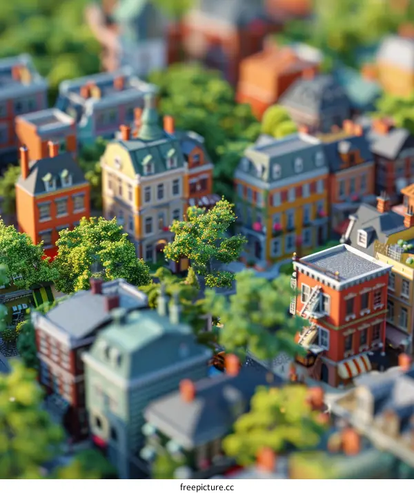 Colorful Miniature City Model with Buildings and Trees
