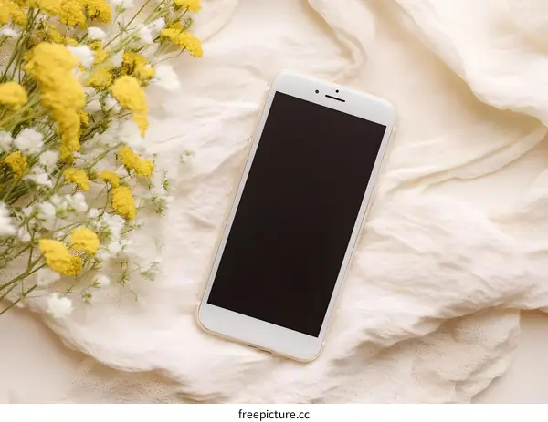 White Smartphone With Yellow Flowers On A White Fabric