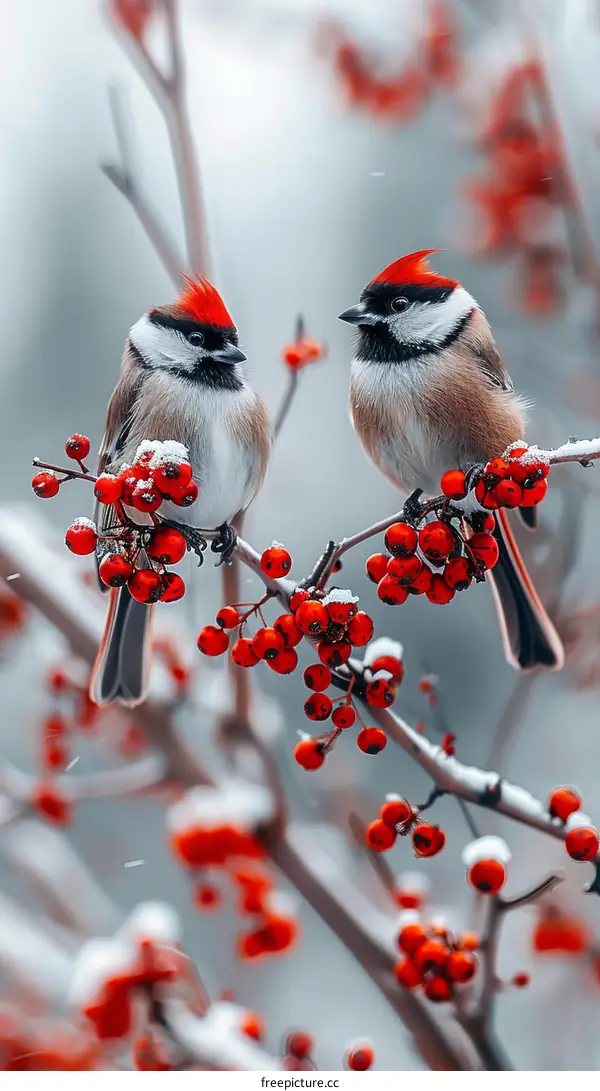 Two birds on a branch with red berries in the winter