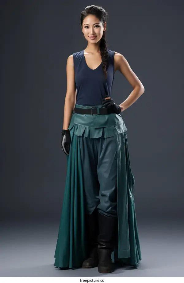 A woman in a blue vest and green pants is posing with her hand on her hip.