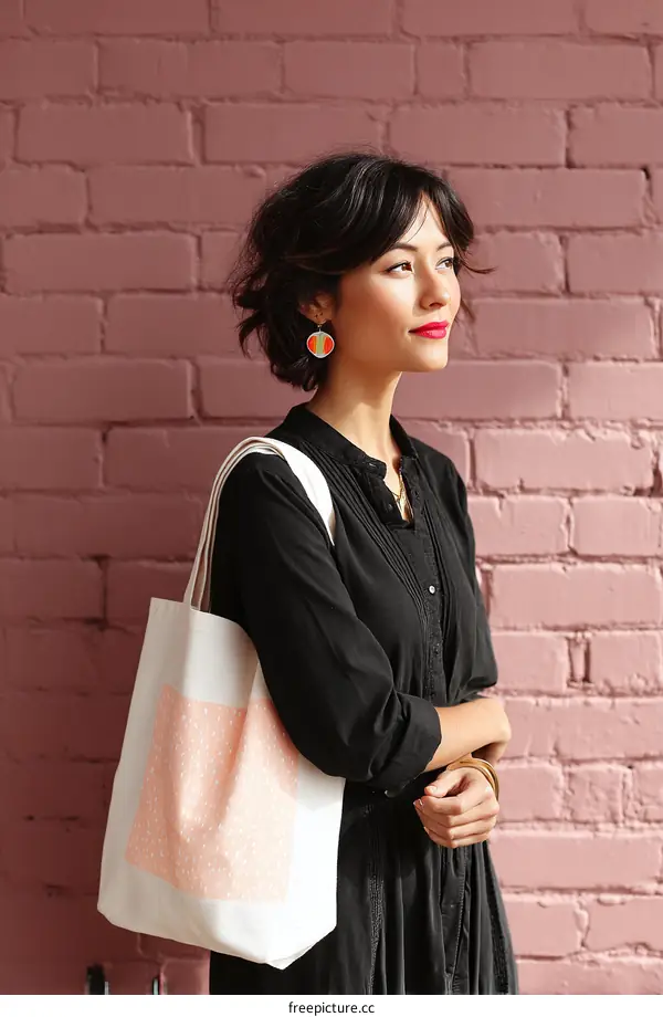 Woman Carrying Tote Bag Against Pink Brick Wall