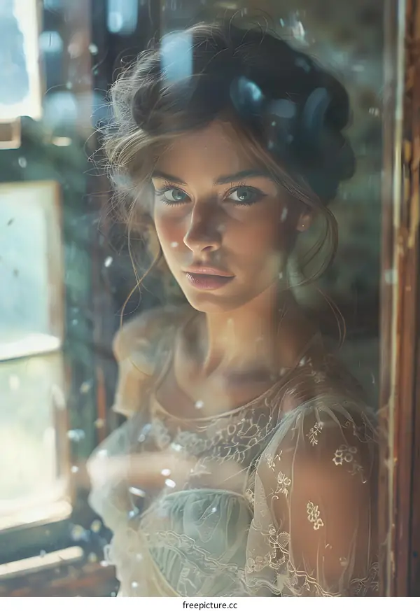 portrait of a beautiful woman looking through a window