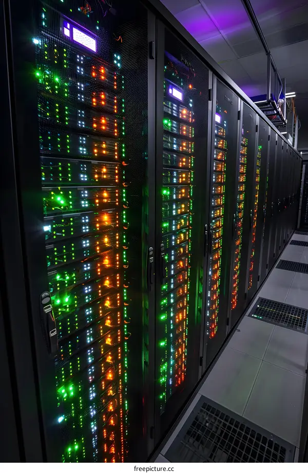 Server room with rows of server racks containing multiple server blades