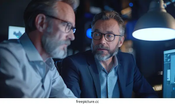 Two Senior Businessmen Talking in Late Night Office