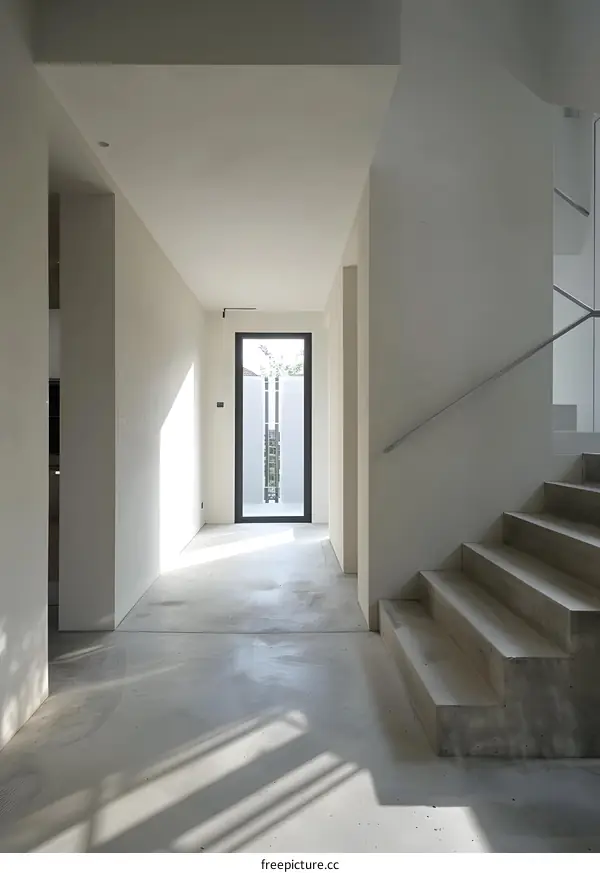 Minimalist Modern Home Interior With Concrete Stairs And Glass Door