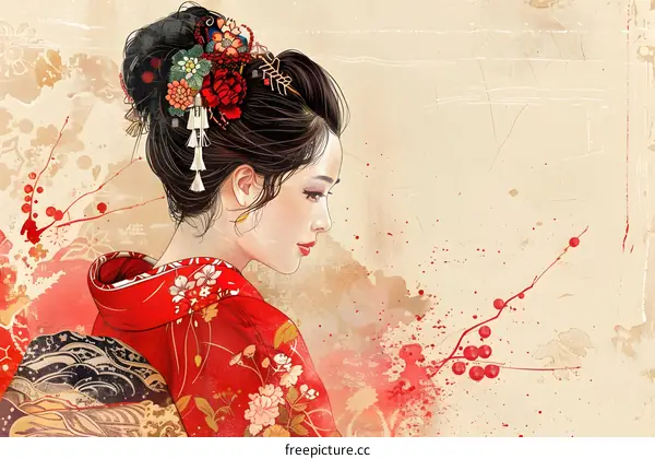 An illustration of a beautiful Japanese woman in a red kimono with traditional hair accessories and makeup.