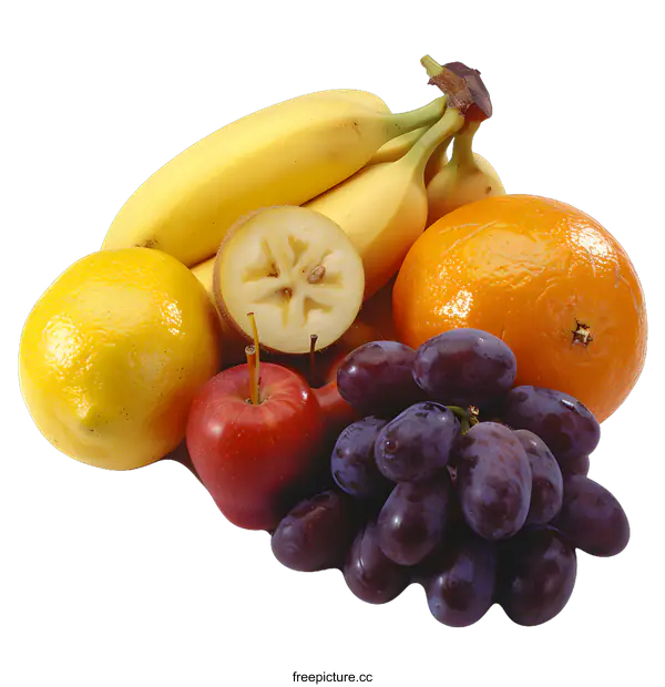[Transparent Background PNG]Fresh Fruit Arrangement with Bananas, Apples, Grapes, Lemon and Orange