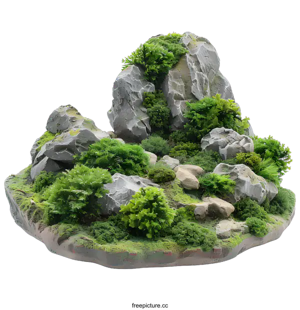 [Transparent Background PNG]Artificial Green Grass and Stone Mountain Model