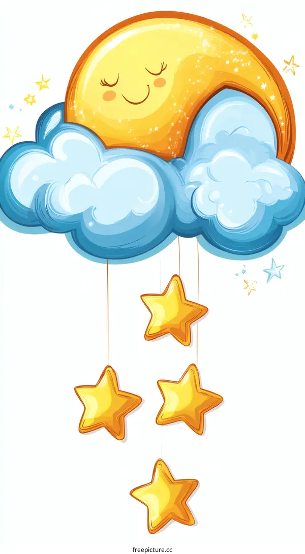 Cute Moon Sleeping in a Cloud with Stars