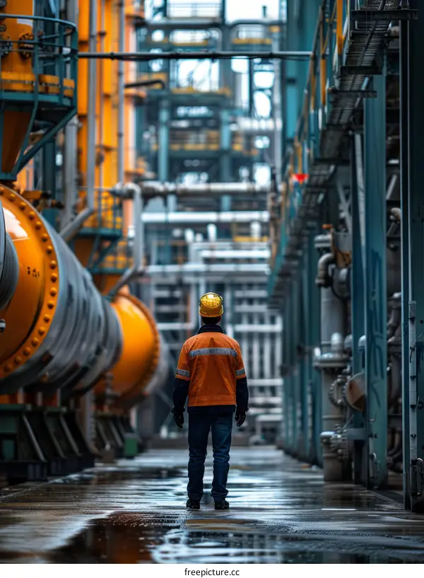 Oil and gas worker walking through a processing plant