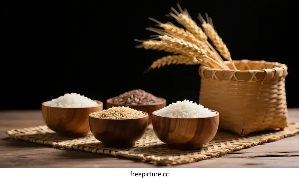 Different Types of Rice Grains and Wheat Ears on Wooden Table