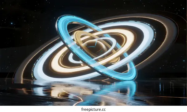 Futuristic Light Rings Orbiting in Dark Space with Reflective Surface