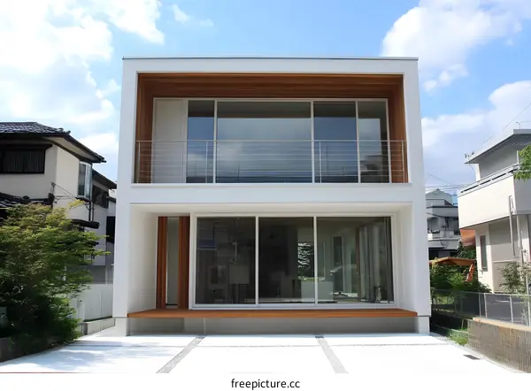 Modern White Two Story House with Balcony and Sliding Glass Doors