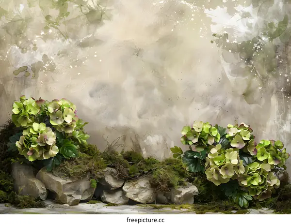 Green Hydrangea Flowers and Mossy Rocks Against a Rustic Wall
