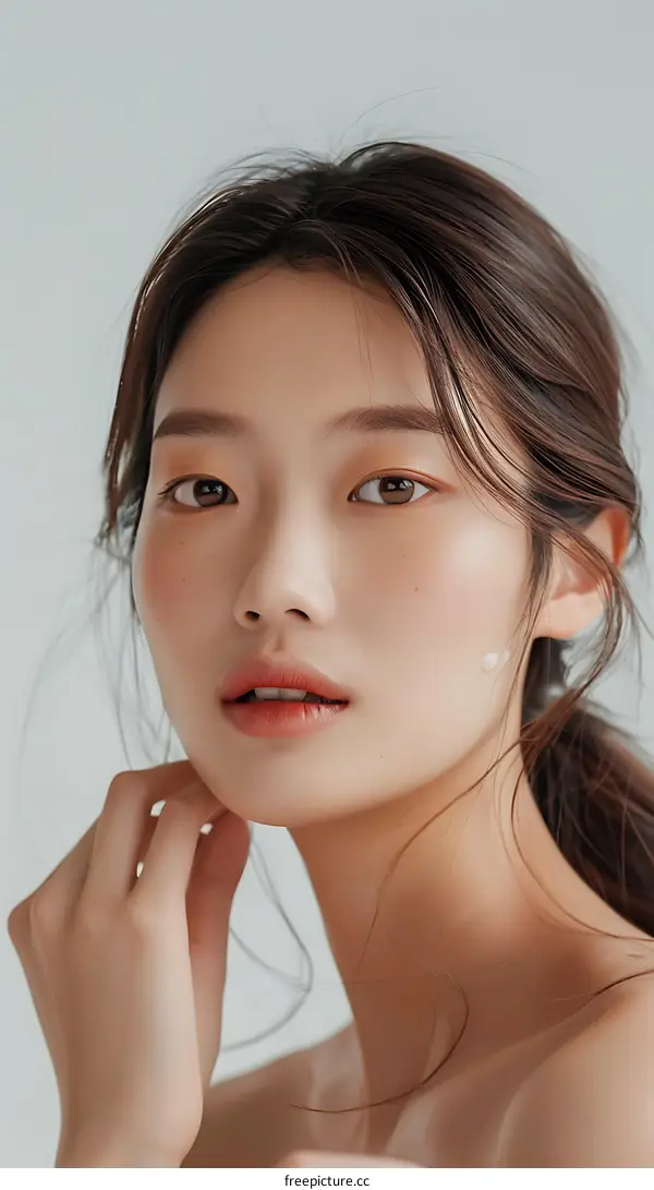 Beautiful Asian Woman With Long Brown Hair Looking At The Camera