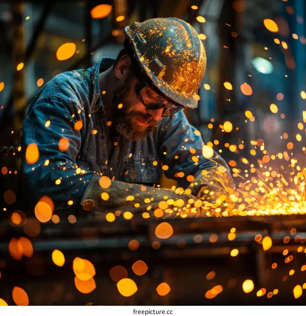 Industrial worker in protective gear welding metal in factory