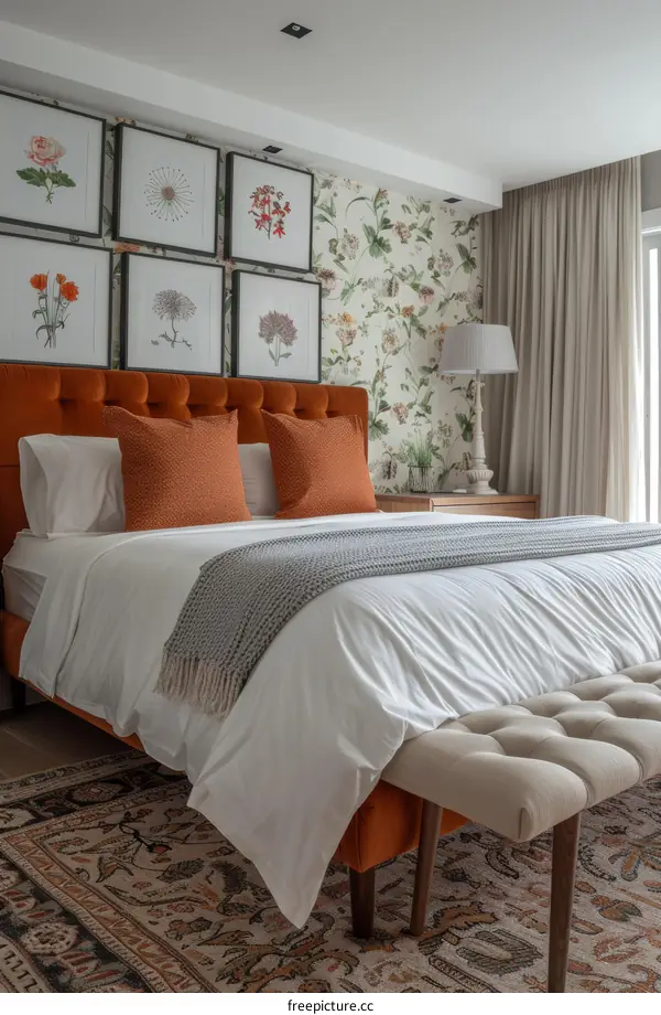 A bedroom with a floral wallpaper and an orange velvet bed