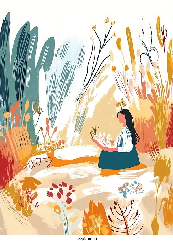 Woman Sitting In A Flowery Garden