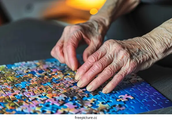 Elderly woman's hands putting together a jigsaw puzzle