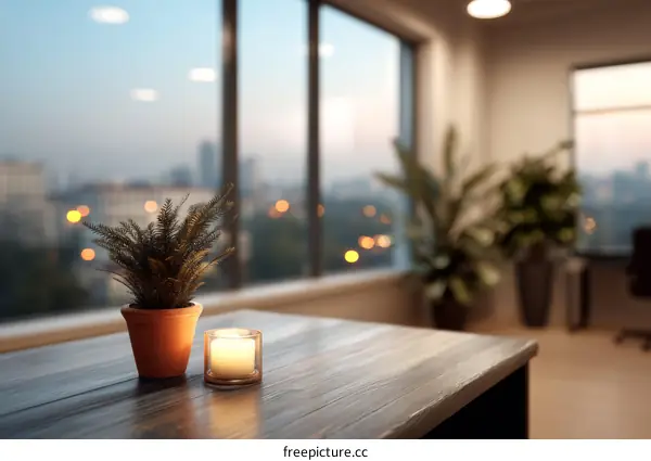 Cityscape View Office Interior with Plant and Candle