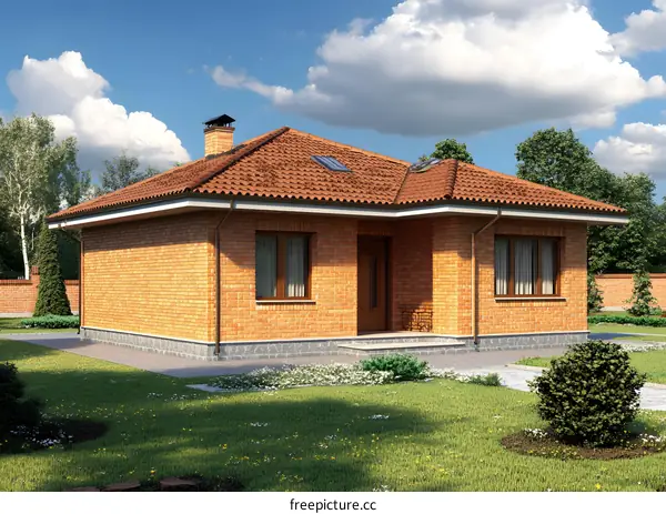Brick House with Red Roof and Green Grass