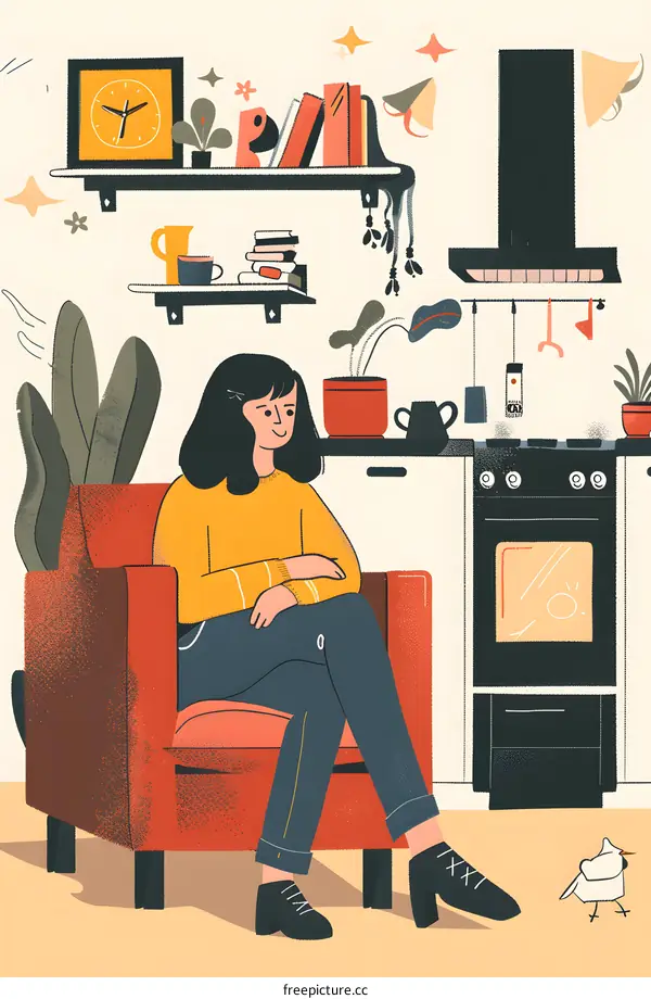 Woman Relaxing in an Armchair with a Bird in the Kitchen