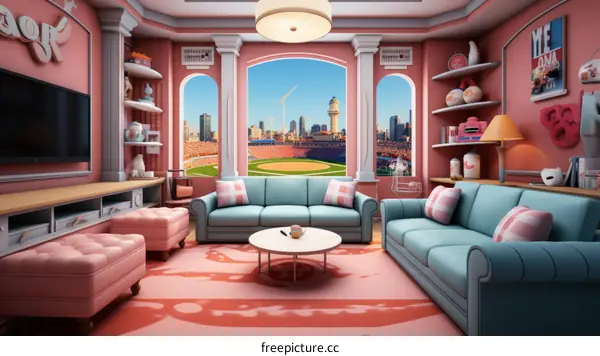 Pink and Blue Living Room with Baseball Stadium View