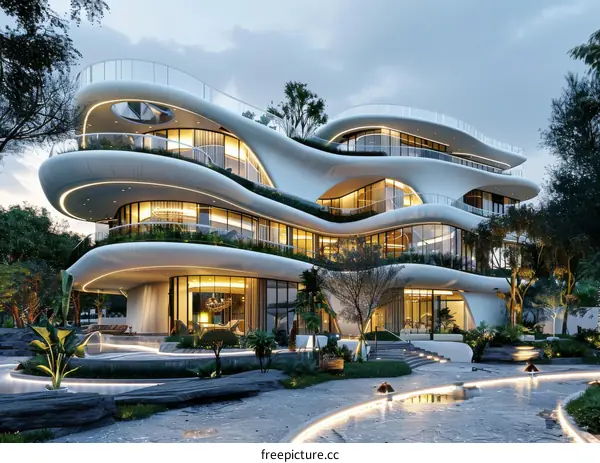 Modern Futuristic White House Exterior Design At Dusk