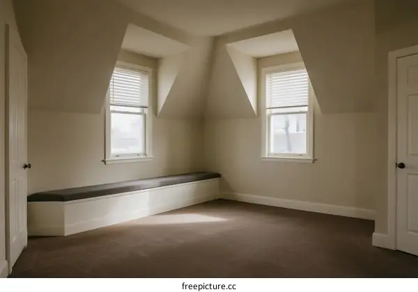 Empty room with slanted windows and a built-in bench