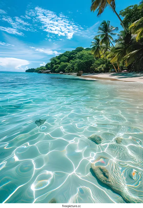 Amazing crystal clear water at the beach with green island and palm trees