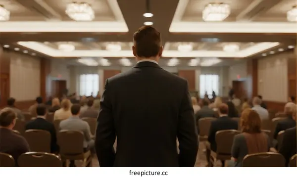 Rear view of man in suit speaking to audience in conference room