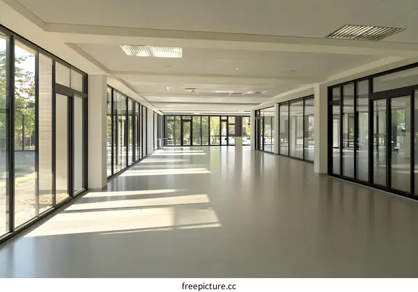 Modern Office Corridor With Glass Walls And Natural Light