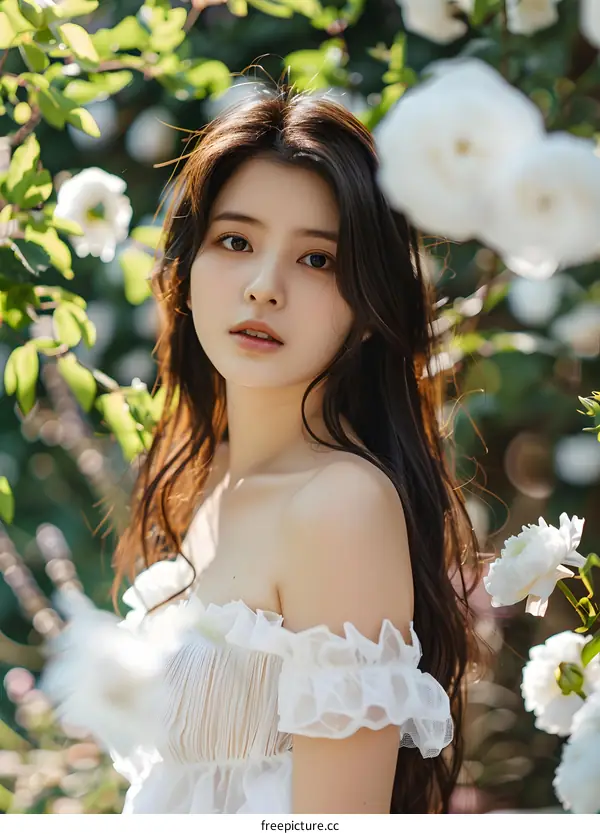Young Woman in White Dress Posing in a Garden With Flowers