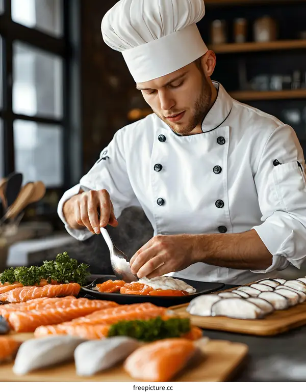 Professional Chef Preparing Fresh Salmon Sushi