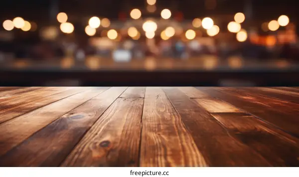 Wooden table with a blurred background of a bar