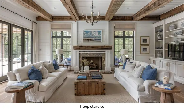 Cozy Farmhouse Living Room with Fireplace and Rustic Coffee Table