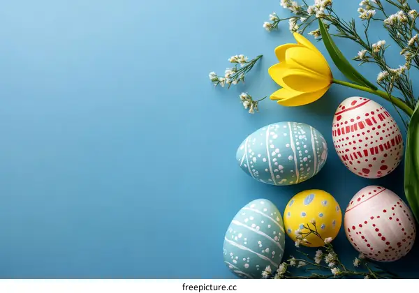 Easter Eggs and Flowers on Blue Background