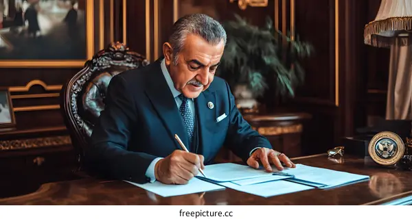 Man in Suit Sitting at Desk Signing Papers