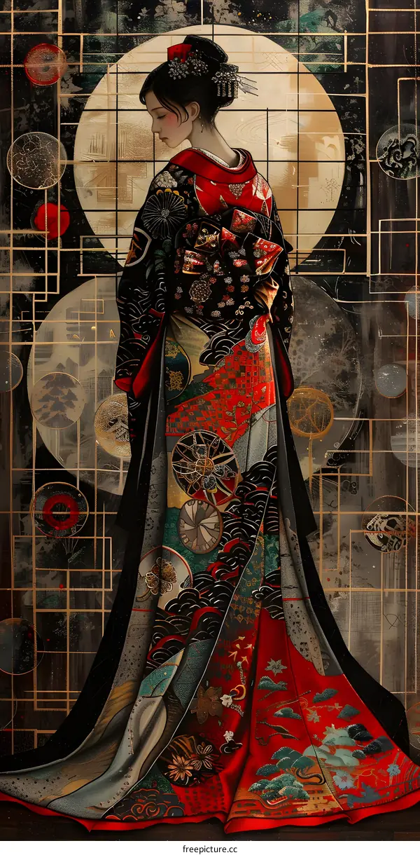 An illustration of a woman wearing a kimono with a moon in the background