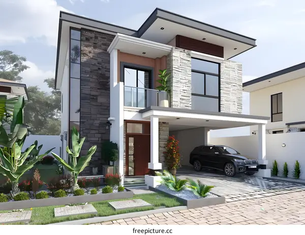Modern Two Story Home Design With Stone Facade