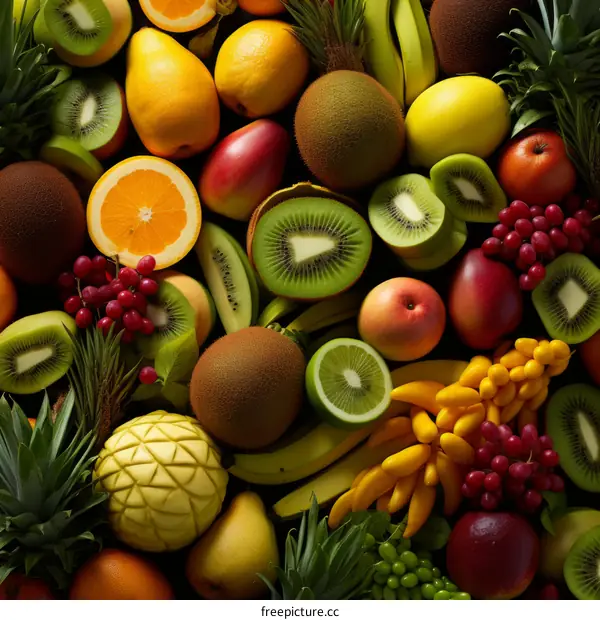 Colorful Variety of Fresh Fruit: Apples, Bananas, Grapes, Kiwi, Pineapple, and Oranges