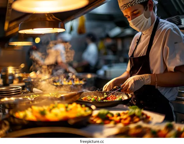 Chef wearing a mask and gloves cooking in a commercial kitchen