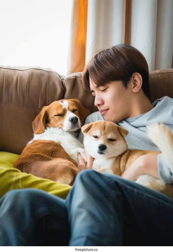 A young man is sleeping on the couch with his two dogs.