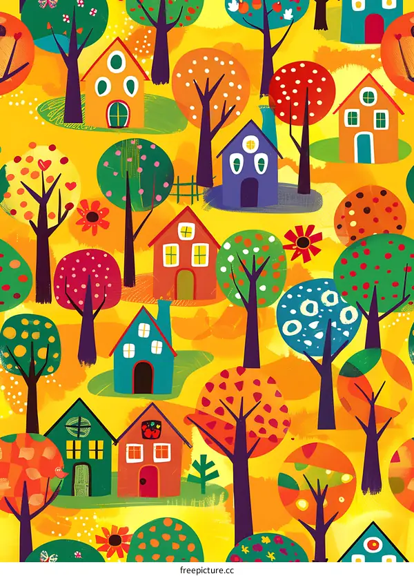 Colorful Illustration of Houses and Trees