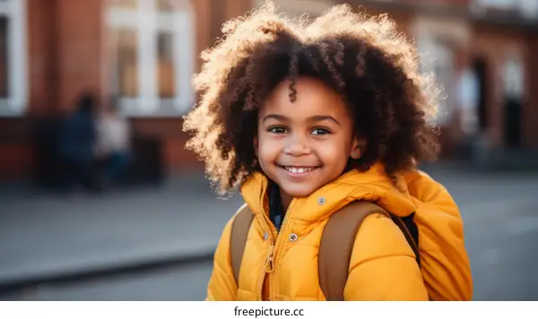 Portrait of a happy young school girl with curly hair wearing a yellow jacket and backpack