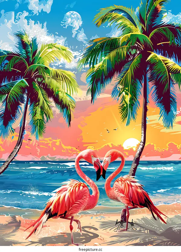 Two Flamingos in Love on a Tropical Beach