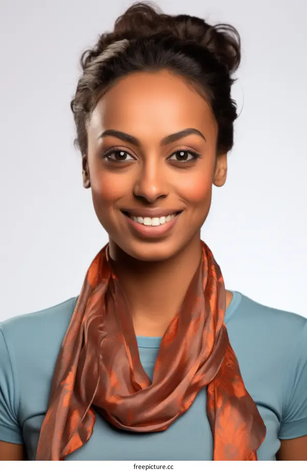 Portrait of a young woman with a warm smile wearing a brown scarf
