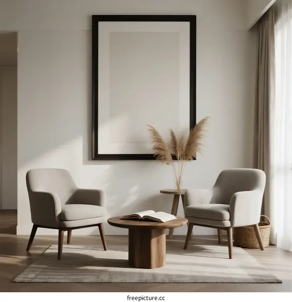 Minimalist Living Room with Neutral Armchairs and Coffee Table