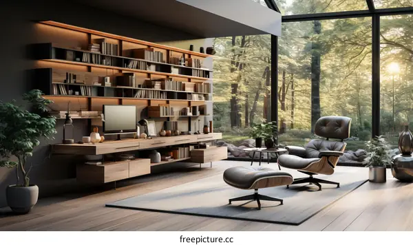 Spacious Living Room With Bookshelves and Forest View