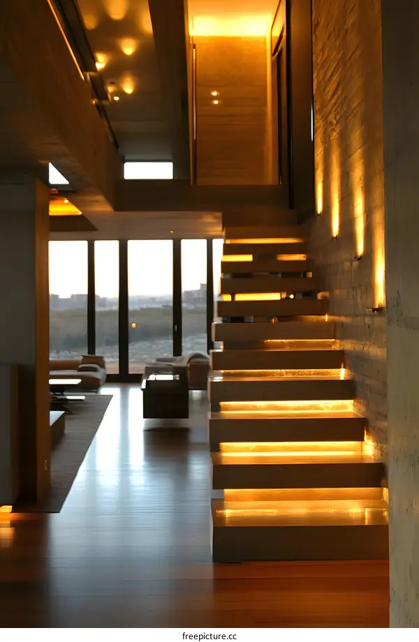Modern Concrete Staircase with Warm Lighting in a Luxury Home
